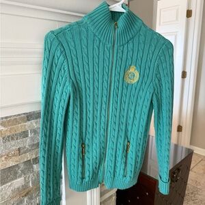 Teal Cable Knit Sweater with Gold Logo XS Very Good Condition